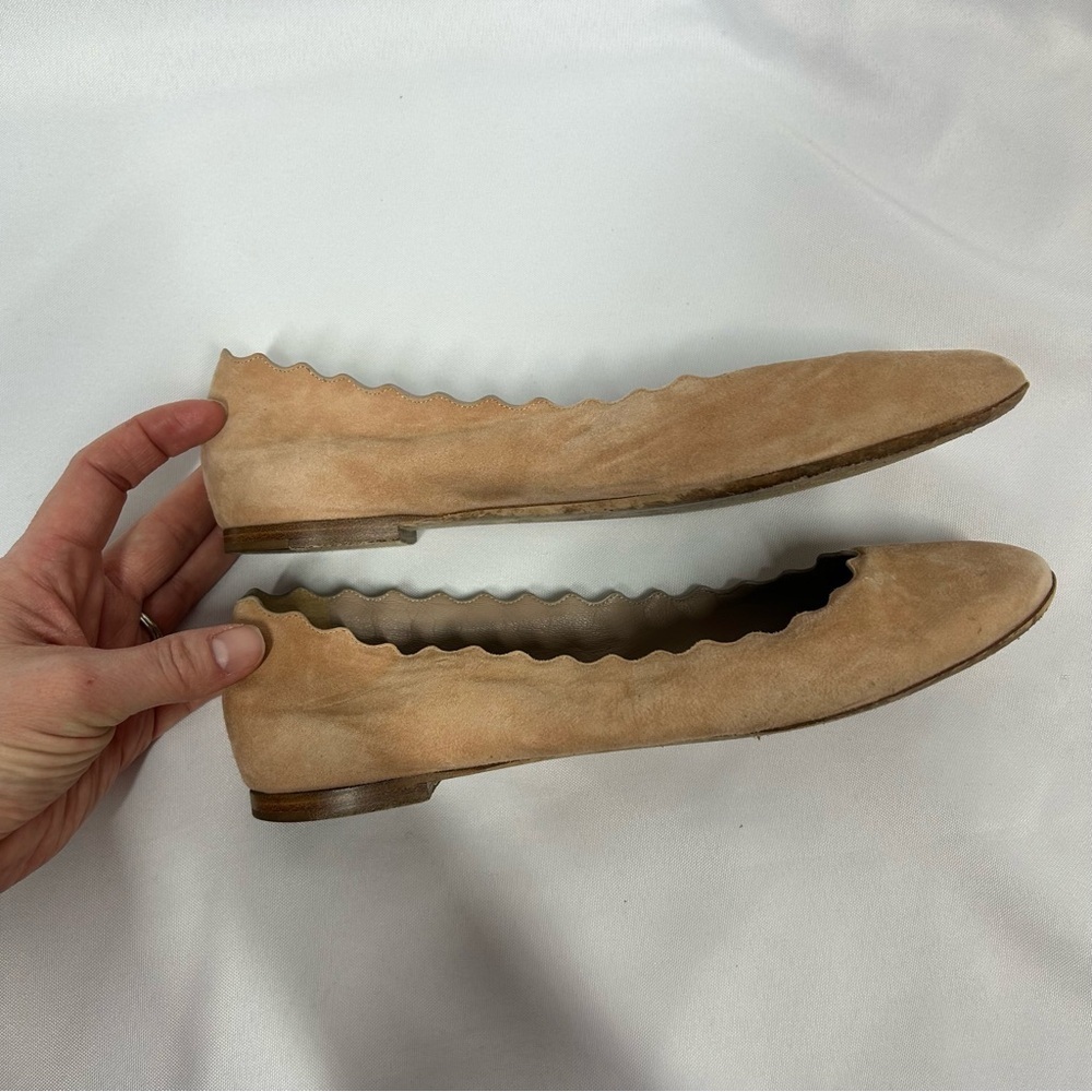 Chloé | Suede Nude Tan Flats Scalloped Women’s Size 39.5 - Picture 6 of 10